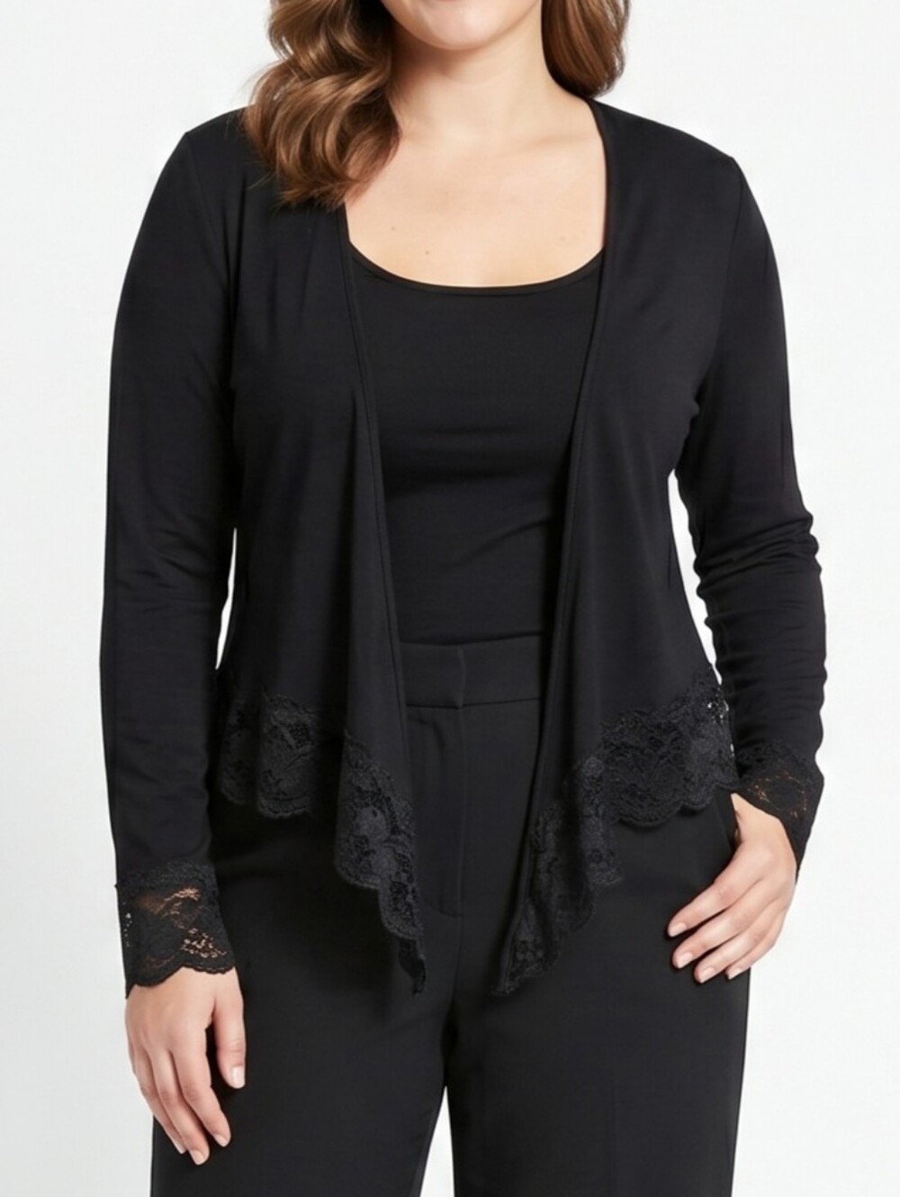 ChaCha Vente Black Lace Trim Open Front Cropped Cardigan Shrug Women Size M